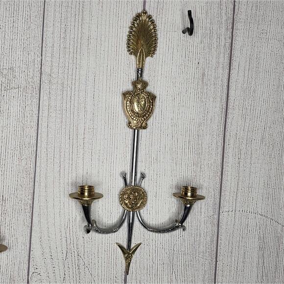 Pair of VTG Reproduction Neoclassical Empire Brass/Chrome 2 Arm Candle Holders - Picture 4 of 16